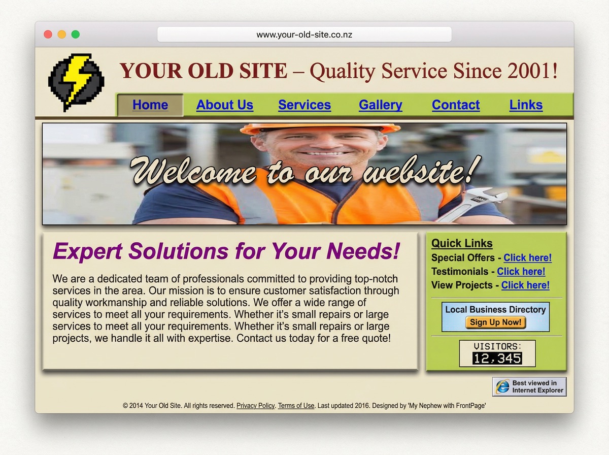 A dated trade business website from 2016