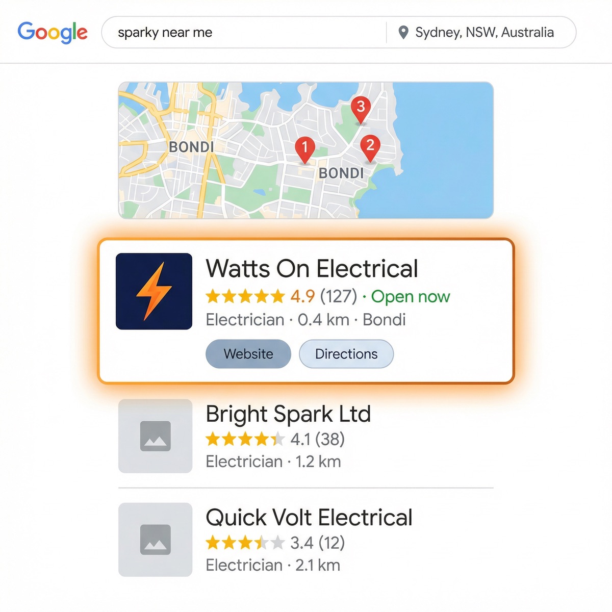 Watts On Electrical ranked #1 in the Sydney map pack